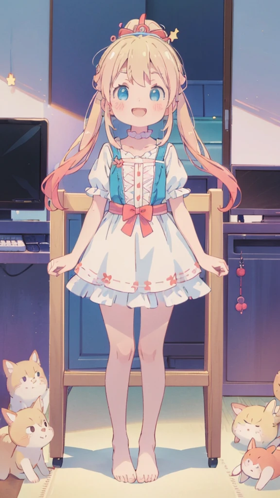 ((masterpiece))((Highest quality))girl、smile、blush、Flat Chest、Are thin、Blonde Hair、blush、Are standing、Whole body image、Eye level to the feet、front、No background、真frontのアングル、Blue clothes、Two-tone red and blue hair、Twin tails、Red Alice outfit