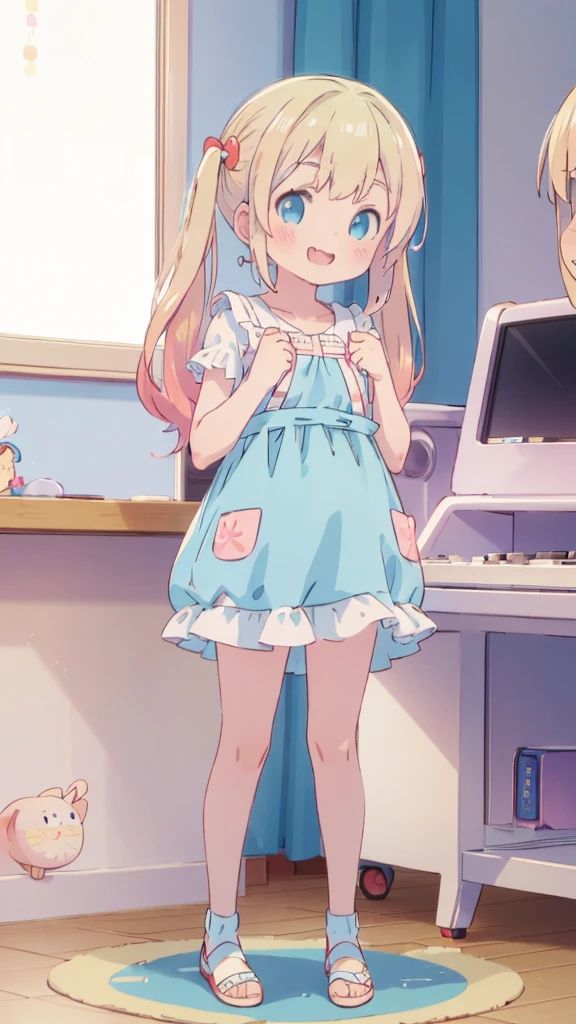 ((masterpiece))((Highest quality))girl、smile、blush、Flat Chest、Are thin、Blonde Hair、blush、Are standing、Whole body image、Eye level to the feet、front、No background、真frontのアングル、Blue clothes、Two-tone red and blue hair、Twin tails、Red Alice outfit