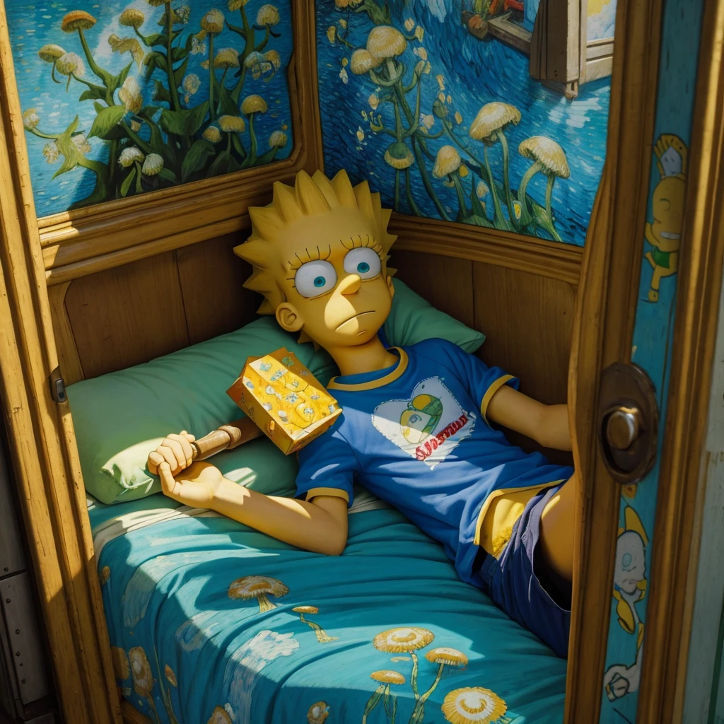 r Bart Simpson is alone, high on medicinal cannabis, holding a magic mushroom inside a Van Gogh painting and Bart has red veins in the whites of his eyes. 