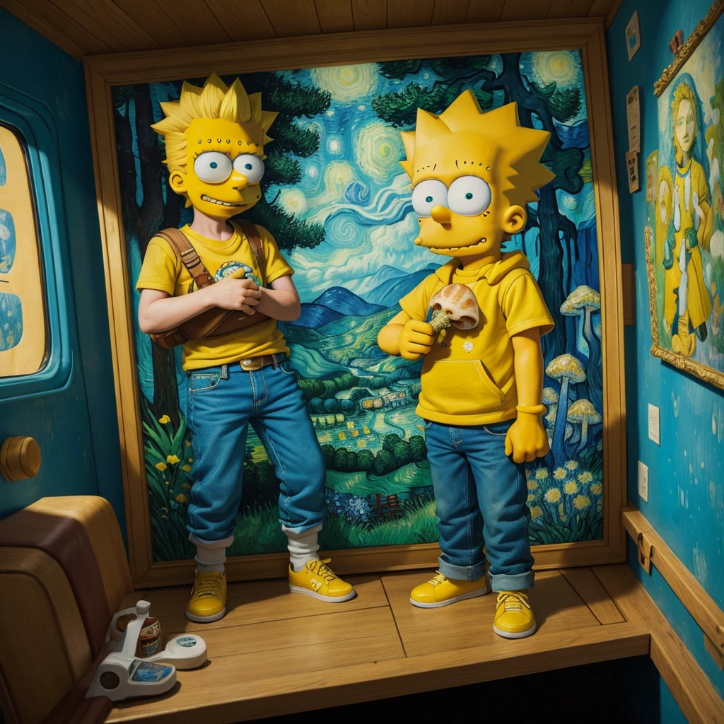 ager Bart Simpson is alone, high on medicinal cannabis, holding a magic mushroom inside a Van Gogh painting and Bart has red veins in the whites of his eyes.