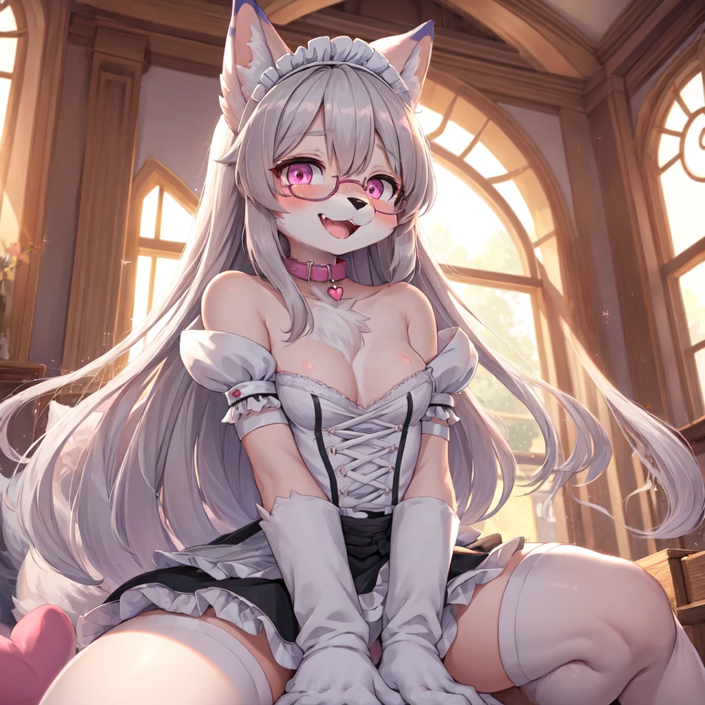 beautiful illustration, best quality, cute girl, bedroom, pastel color, fluffy bunny ears, , silver long hair, rabbit stuffed toy, bright lighting, light pink eyes, cuerpo muy voluntuoso, senos grandes, trasero grande, caderas anchas, hermosa, tiene cara de una niña. best quality,best resolution,(fluffy anthro furry :1.6),(young :1.6),cat girl,small breasts,light grey hair,long hair,wavy hair,curvy hair,light grey fur,pink eyes,glistering eyes,sparkle eyes,circle glasses,heart collar,maid outfit,maid headdress,maid gloves,ruffles,beautiful cafe,white light,looking at viewer,full face blush,horny face,smile,heart eyes,heart expression eyes,open mouth,straddle viewer,girl on top,low angle,front view,heavy breath,hands on viewer