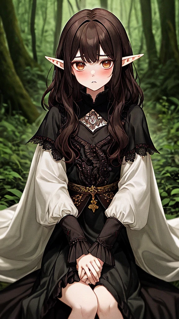 A young elf girl with pointed ears and long, wavy dark hair, wearing an intricate, dark, and magical outfit, sitting in a forest with a small, black dragon in her lap. The scene is mystical and slightly eerie, with the girl and dragon sharing an intense, almost otherworldly connection. The background includes blurred forest elements to enhance the focus on the characters.