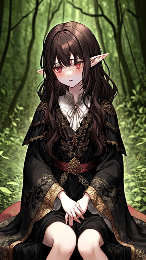 A young elf girl with pointed ears and long, wavy dark hair, wearing an intricate, dark, and magical outfit, sitting in a forest with a small, black dragon in her lap. The scene is mystical and slightly eerie, with the girl and dragon sharing an intense, almost otherworldly connection. The background includes blurred forest elements to enhance the focus on the characters.