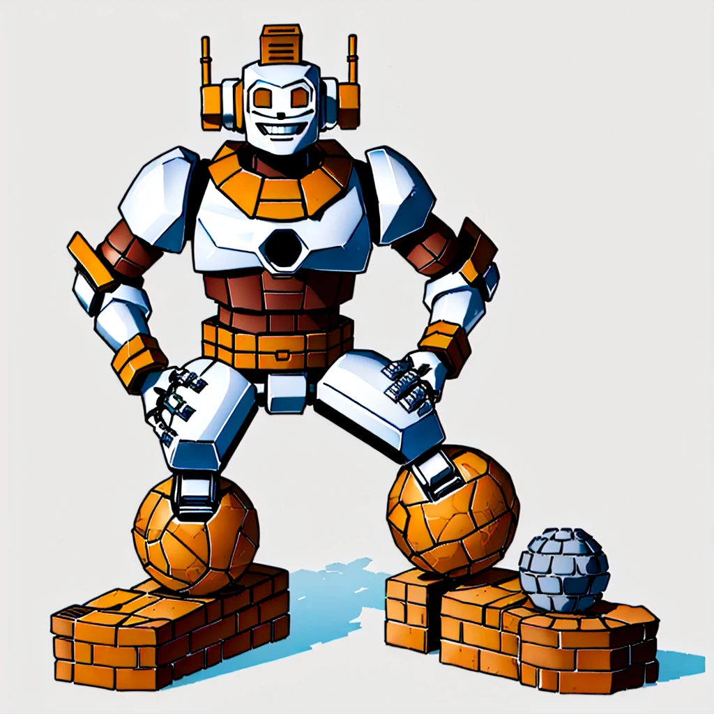 a robot smiles with a spherical head made of bricks, round ears, with white construction helmet, The arms are made of cobblestone bricks each., shoulders made of colonial tiles, The body is made with two bricks with 9 holes in a perpendicular position., the chest showing the 9 holes and the stomach brick with 9 holes on the side, legs made of 2 pvc pipes, calves made of colonial tiles, feet made of bricks with 12 holes