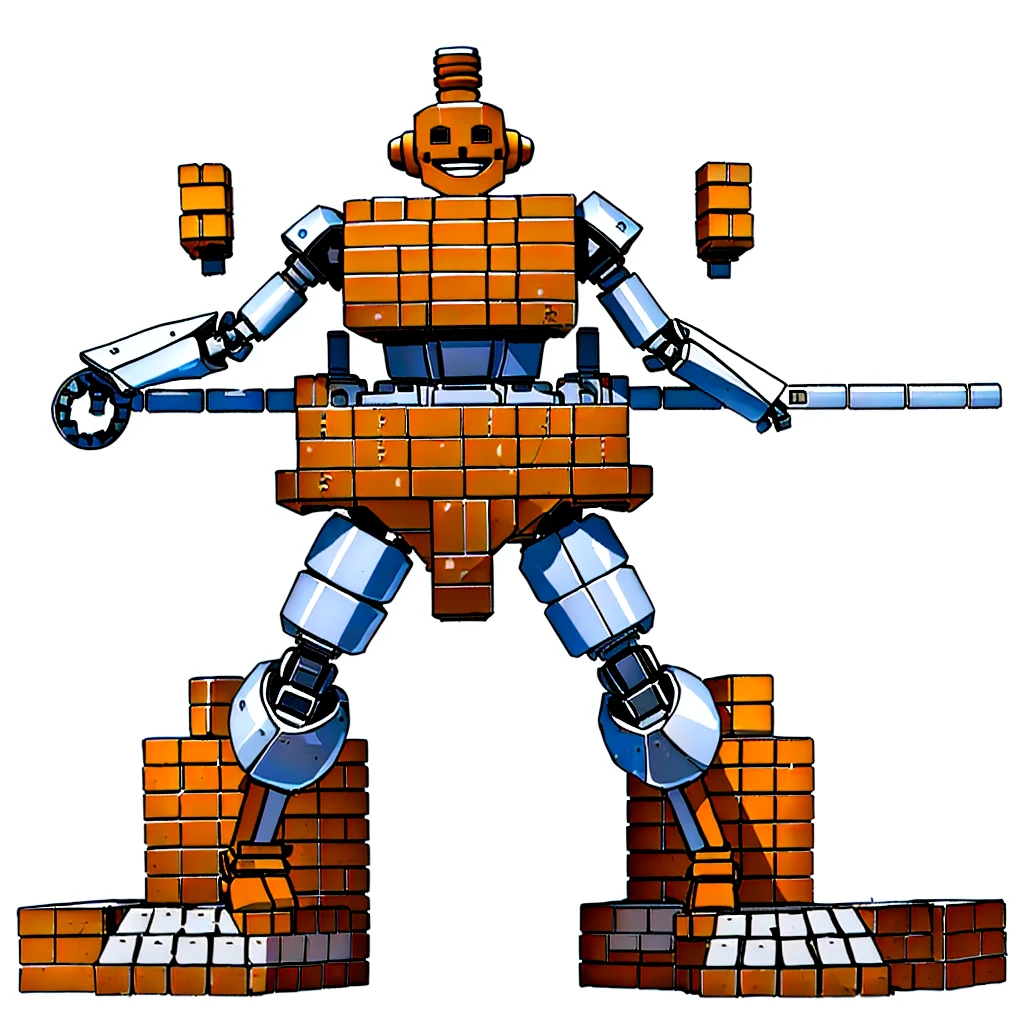a robot smiles with a spherical head made of bricks, round ears, with white construction helmet, The arms are made of cobblestone bricks each., shoulders made of colonial tiles, The body is made with two bricks with 9 holes in a perpendicular position., the chest showing the 9 holes and the stomach brick with 9 holes on the side, legs made of 2 pvc pipes, calves made of colonial tiles, feet made of bricks with 12 holes