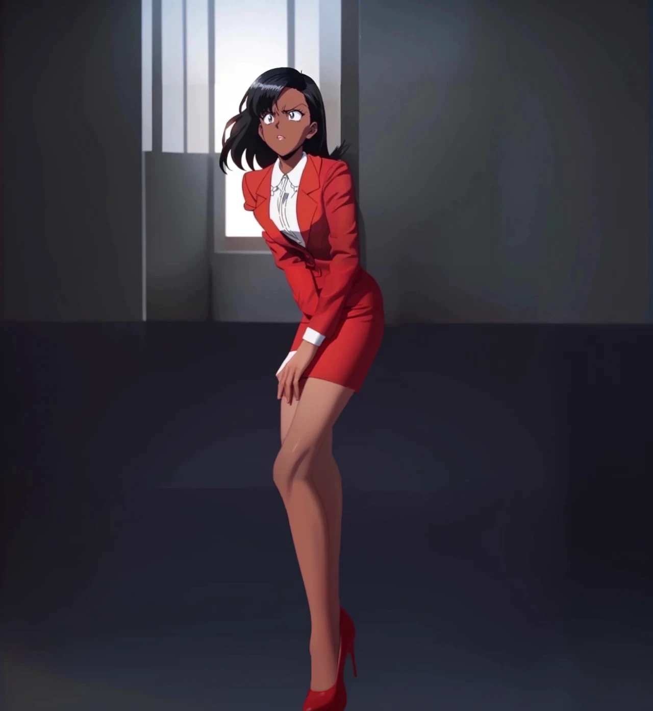 90s anime Evil black skinned business woman in a red suit and red skirt and red heels and long red sleeves