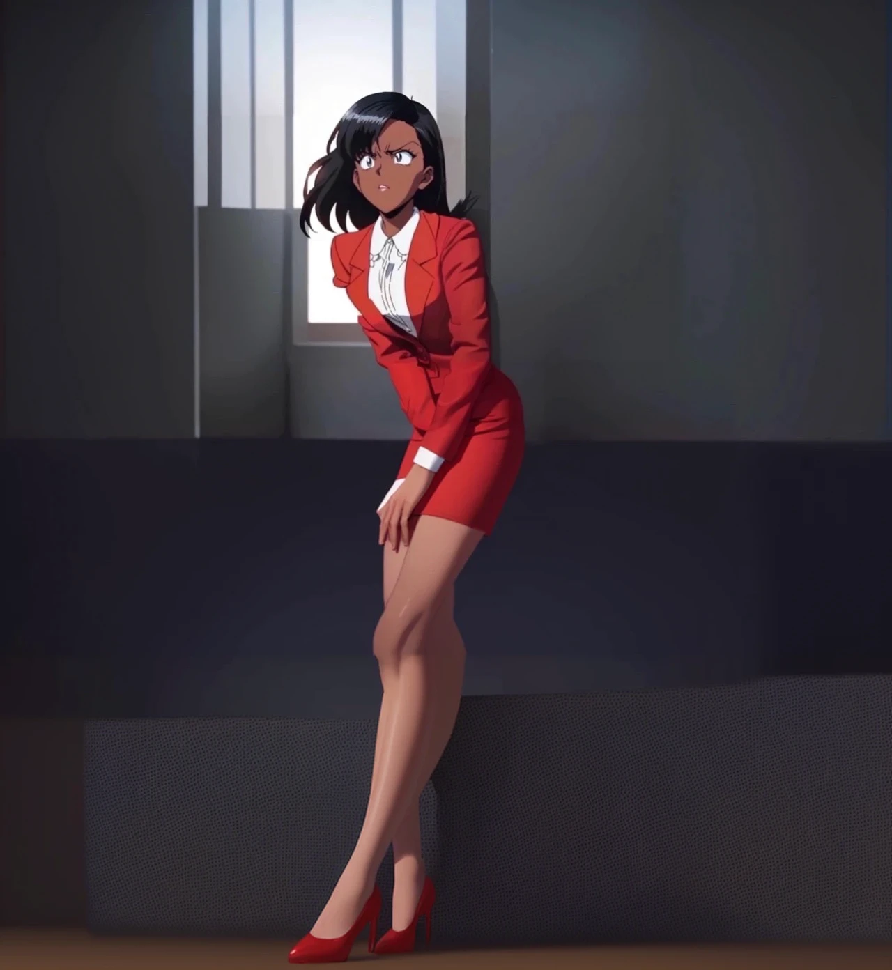 90s anime Evil black skinned business woman in a red suit and red skirt and red heels and long red sleeves
