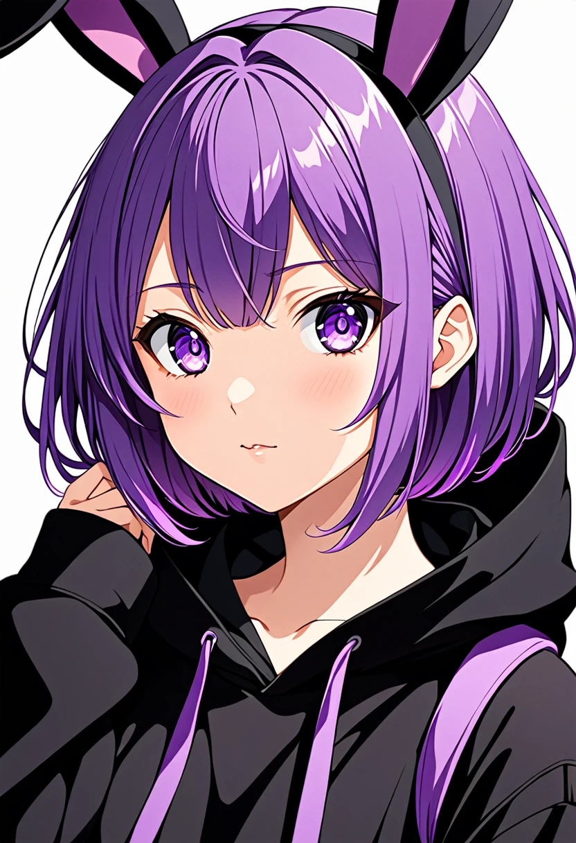 anime girl wearing black hoodie with short purple hair, with big purple bunny ears and purple eyes