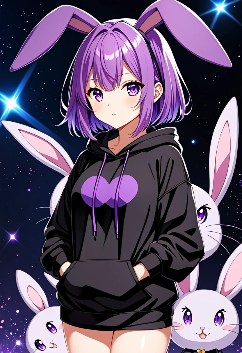   anime girl wearing black hoodie with short purple hair, with big purple bunny ears and purple eyes