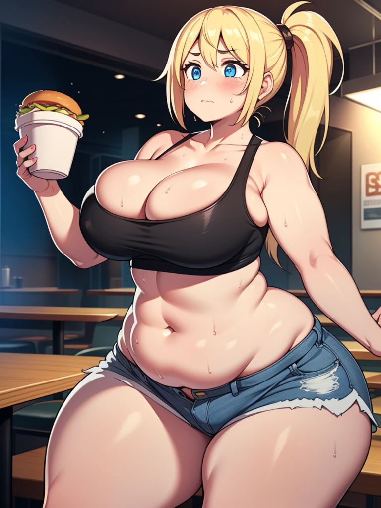 ((highres)), Masterpiece, high quality, best quality, beautiful, perfect lighting, detailed face, ultra cute face, ((1girl)), ((solo)), ((blush)), nervous, shy, long fluffy blonde hair, pony tail, blue eyes, sweat, heavy breathing, crop top and shorts, fast food restaurant, cleavage, large breasts, wide hips, ((thick thighs)), 