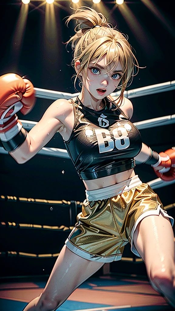 8k wallpaper of extremely detailed CG unit, ​masterpiece, hight resolution, top-quality, top-quality real texture skin,hyper realisitic, digitial painting,increase the resolution,RAW photosbest qualtiy,highly detailed,the wallpaper,two teen women,two teen women are hard pancing each other at boxing fight,1woman,teen,cute,kawaii,hair floating,messy hair,blonde hair,messy hair,pony tail hair,skin color white,eye color blue,eyes shining,big eyes,breast,sports wear,super big smile,(boxing gloves:1.6),(dynamic pose:1.4),(dynamic angle:1.8),sweat,boxing wounds on face,dirty,(gold trophy and champion belt:1.2),she is a winner of a match, BREAK ,(motion blur),boxing ring,1boxing referee,1trainer,audiences,[nsfw:2.0],