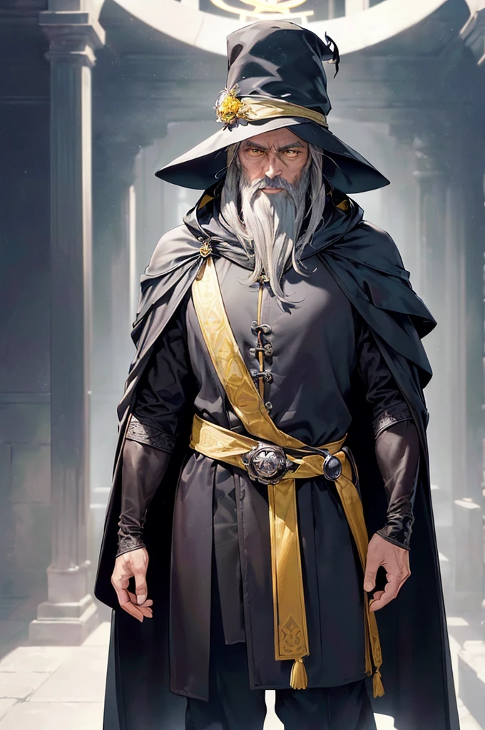 (((masterpiece; best quality: 1.2))), (finely detailed eyes: 1.3), (70 year old man), (solo), (yellow eyes: 1.4), (body; old, fit, masculine: 1.3), (grey hair and beard: 1.3), (beautiful and clear background: 1.2), ((depth of field)), (equipment: wandering mage's robes + elegant + long dark robe + dark pants + dark pointed hat + dark gloves + light cape + belt + pouches: 1.3), (anime illustration: 1.2), (background composition; royal garden: 1.1), (extremely fine and beautiful: 1.1), (shot composition; standing + centered on torso + close-up: 1.5), (expression; calm, smile: 1.2)