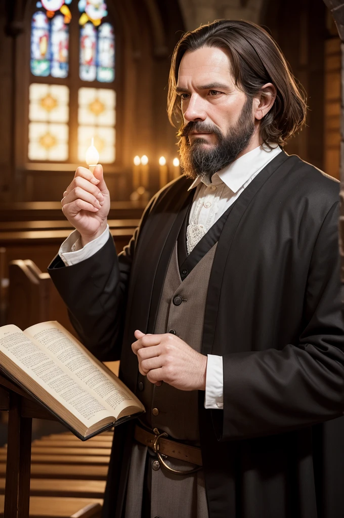 Retrato de Thomas Goodwin, 17th century Puritan preacher. He is wearing traditional clothing of the time, with a white lace collar and a black coat of heavy fabric. Goodwin has a serious and focused appearance, with dark brown hair and a well-trimmed beard. He is holding an open old Bible in one hand and gesturing with the other, as if you were in the middle of a passionate sermon. The background is a church with wooden walls, illuminated by soft candlelight."