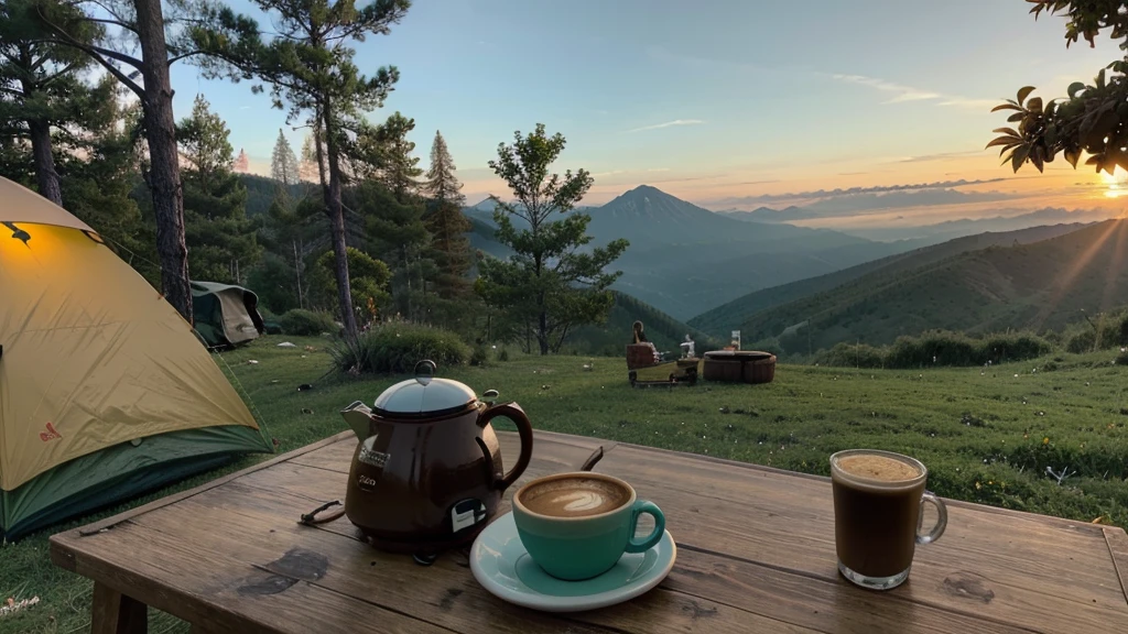 image, hot coffee, fragrant coffee on the mountain top in the morning, beautiful nature, colorful tents, warm atmosphere, green trees.