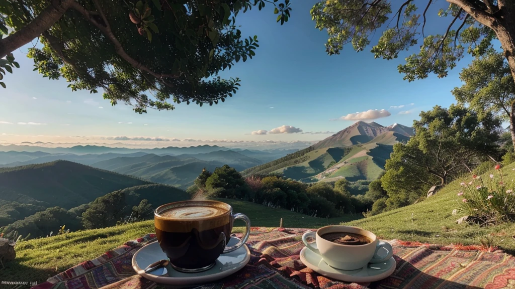 image, hot coffee, fragrant coffee on the mountain top in the morning, beautiful nature, colorful tents, warm atmosphere, green trees.