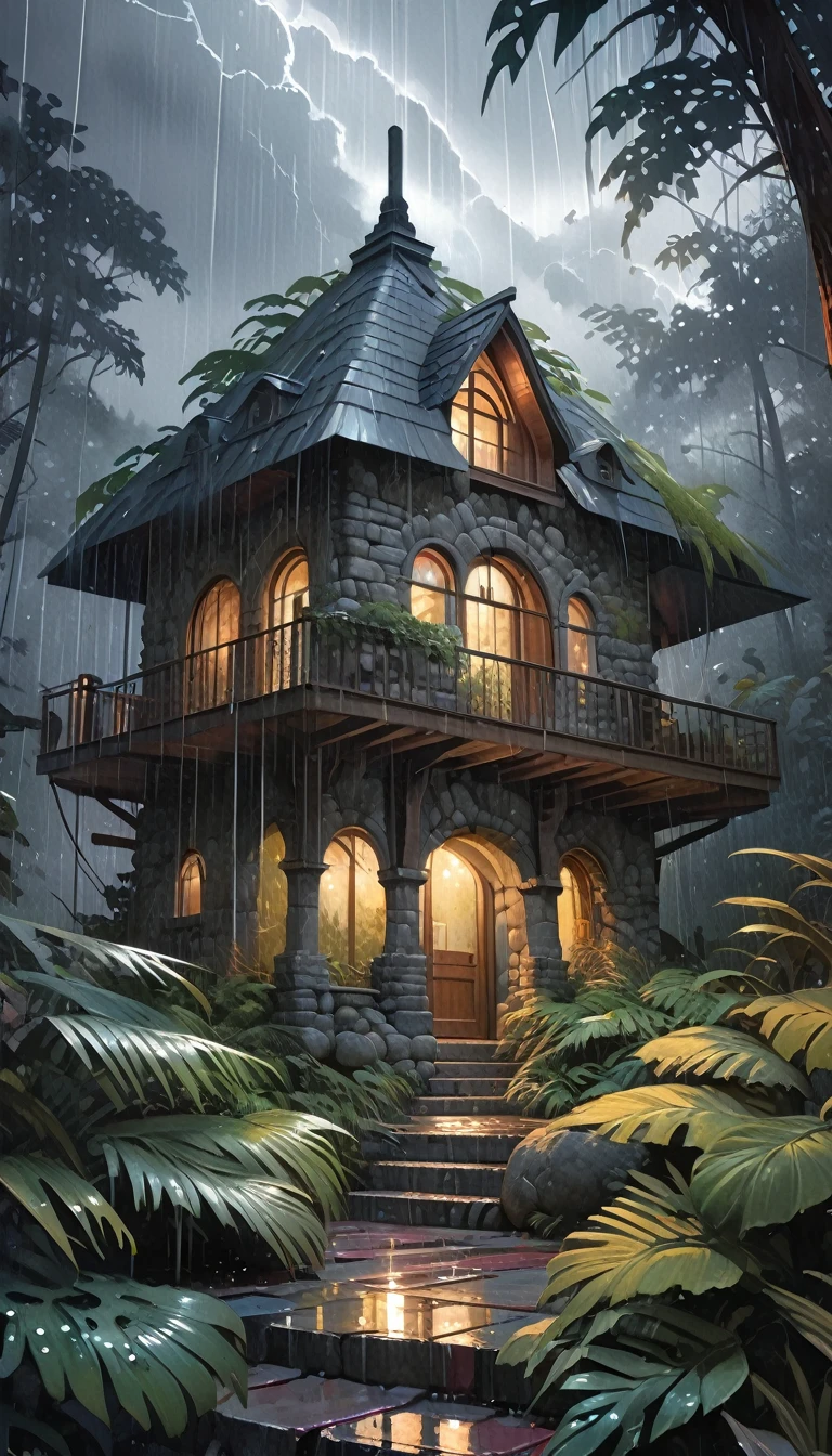 a fantastic stone house in a forest, magical and futuristic architecture, rain pouring down, (simple oil painting in the style of Bill Sienkiewicz,masterpiece:1.2),(best quality,4k,8k,highres,ultra-detailed,realistic:1.37),(intricate,detailed,dramatic,moody,atmospheric,cinematic),(lush foliage,dense vegetation,gloomy,overcast sky),(dramatic lighting,warm tones,muted colors)