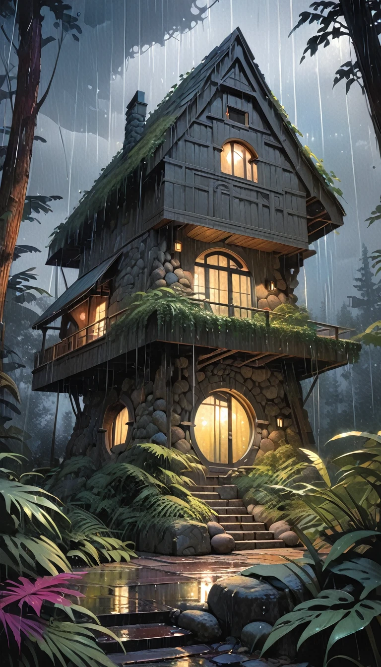 a fantastic stone house in a forest, magical and futuristic architecture, rain pouring down, (simple oil painting in the style of Bill Sienkiewicz,masterpiece:1.2),(best quality,4k,8k,highres,ultra-detailed,realistic:1.37),(intricate,detailed,dramatic,moody,atmospheric,cinematic),(lush foliage,dense vegetation,gloomy,overcast sky),(dramatic lighting,warm tones,muted colors)