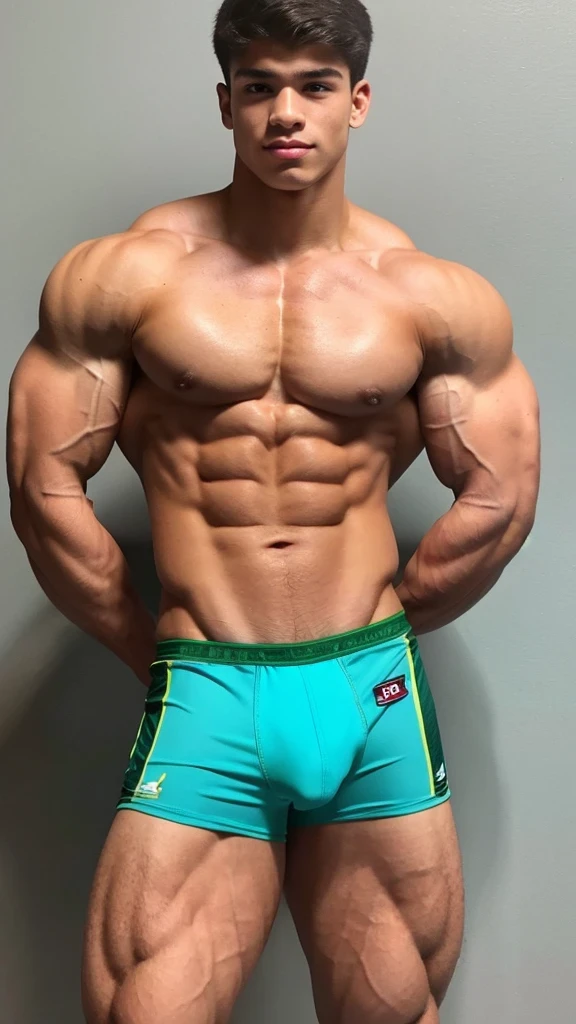 Muscular bodybuilder Brazilian teenager of , in speedo swin trunks, for muscular steroids men, tight super thin waist, on steroids 