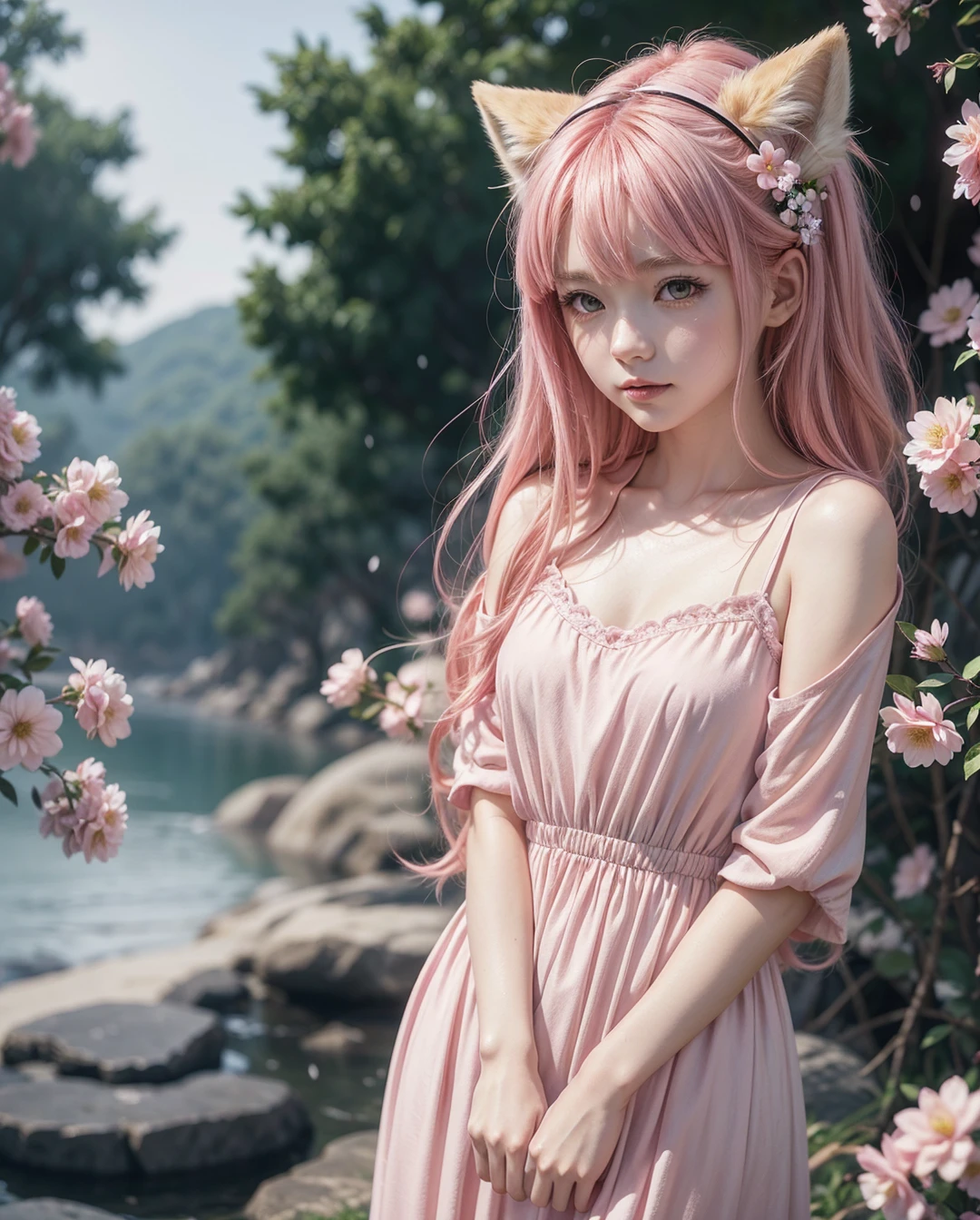 Nine snow-white fox tails (1.0), milky fox tail (1.0), nine tailed fox close up, nine Caldas, nine Caldas, anime girl with pink hair and pink dress with flowers in her hair, very cute anime fox girl, cute anime fox girl, beautiful fantasy anime, Guweiz, anime girl with fox ears, cute anime girl, very beautiful and cute fox girl, pink flower rain, background blur, 4K anime-style, anime fantasy artwork, anime wallpaper 4k, Non-Guvez style artwork