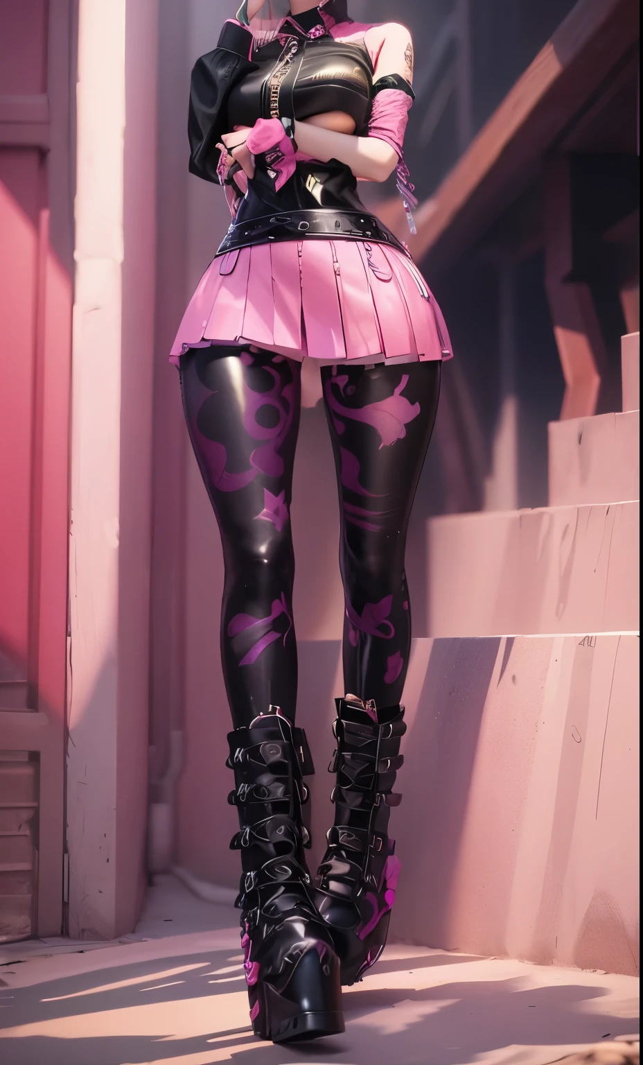 aVATAR SECOND LIFE Korean girl wearing pink blouse, Asian, Perfect and detailed face, imvu, maximalist details, AVATAR SECOND LIFE Korean blusa , neon, Black leather skirt, Black Skirt, long boots