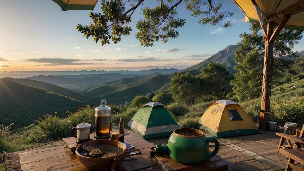 image, hot coffee, fragrant coffee on the mountain top in the morning, beautiful nature, colorful tents, warm atmosphere, green trees.