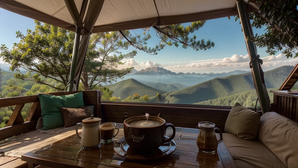 image, hot coffee, fragrant coffee on the mountain top in the morning, beautiful nature, colorful tents, warm atmosphere, green trees.