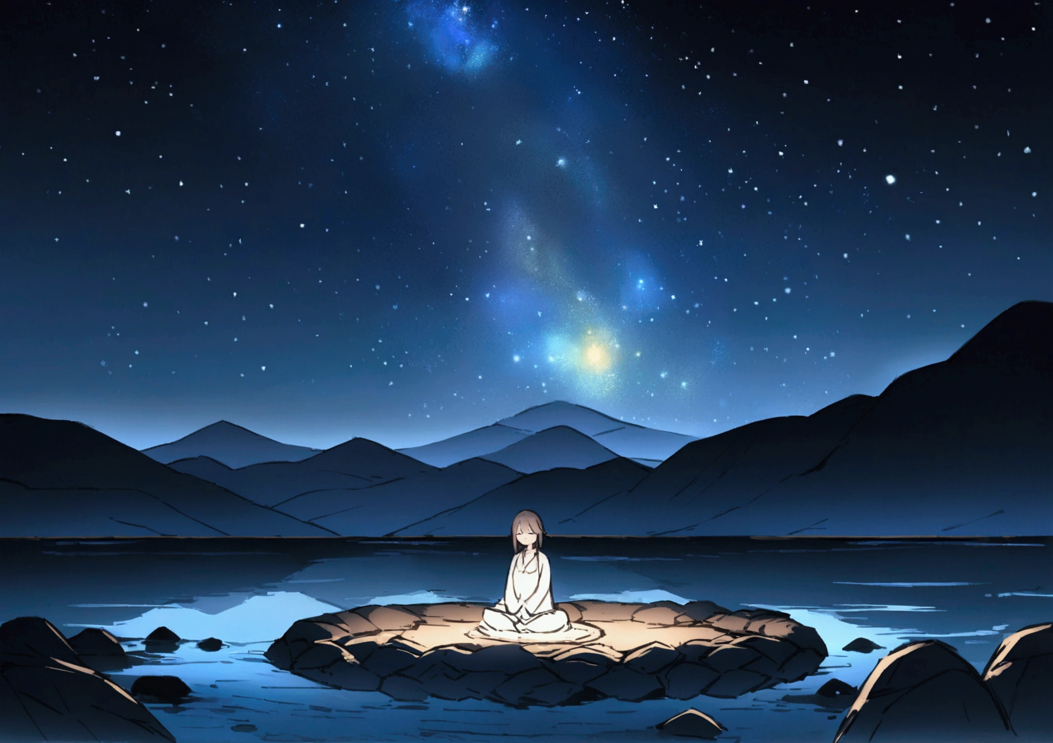 In the middle of the pond、With the mountain tops in the background and the Starry Sky、A girl meditating on trash at night、universe、Starry Sky、night、meditation、meditationのポーズ