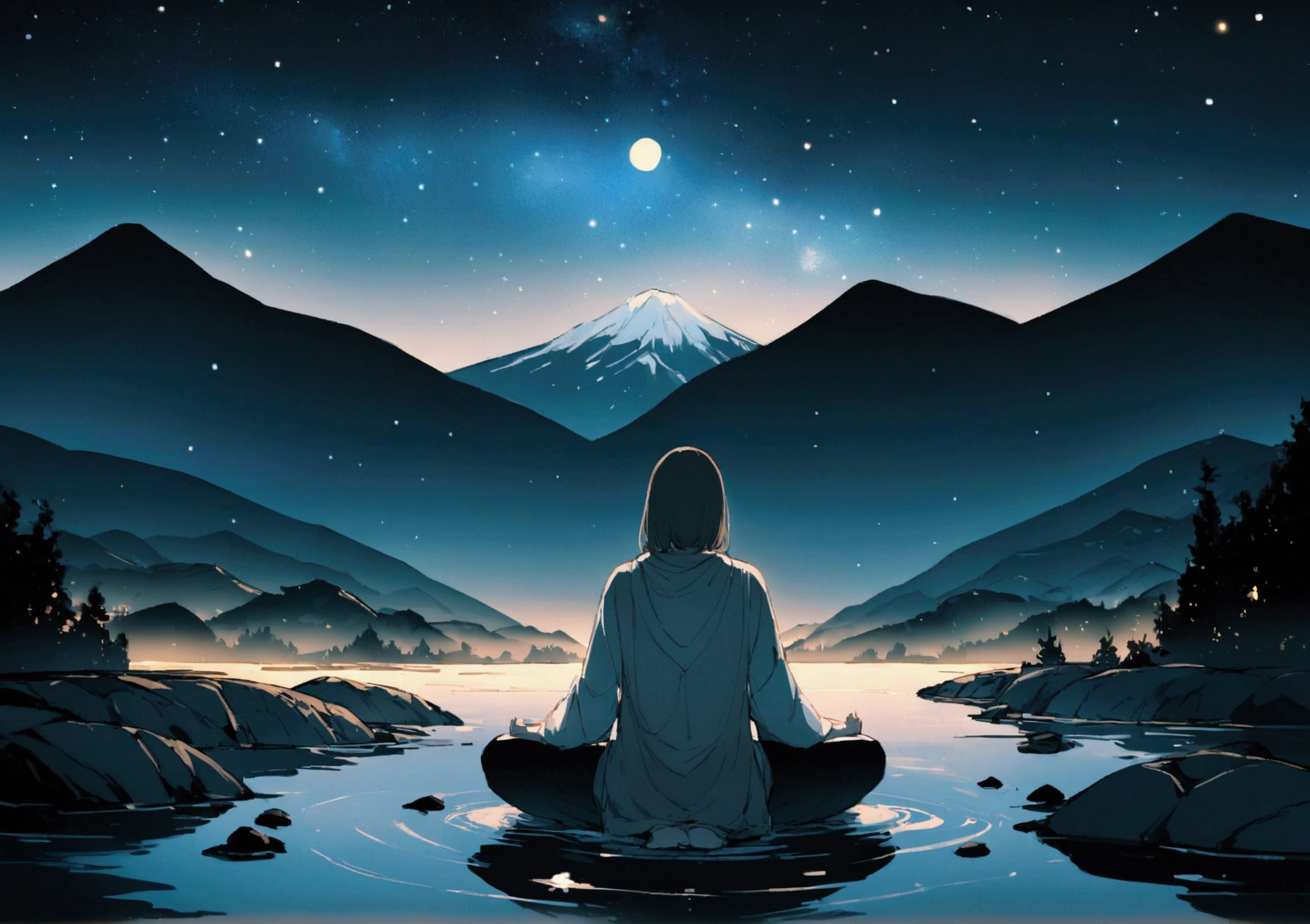 In the middle of the pond、With the mountain tops in the background and the Starry Sky、A girl meditating on trash at night、universe、Starry Sky、night、meditation、meditationのポーズ