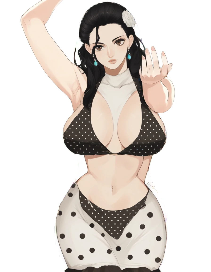 score_9, score_8_up, source_anime BREAK solo, looking at viewer, cowboy shot, violaop, brown eyes, black hair, long hair, hair slicked back, earrings, hair flower, polka dot dress, sleeveless dress, frilled dress, jewelry, curvy, large breasts, city, sand, medieval, sun, sunlight