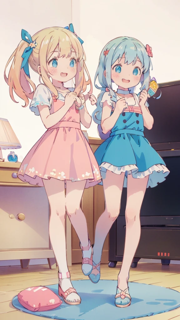 ((masterpiece))((Highest quality))girl、smile、blush、Flat Chest、Are thin、Blonde Hair、blush、Are standing、Whole body image、Eye level to the feet、front、No background、真frontのアングル、Blue clothes、Two-tone red and blue hair、Twin tails、Red Alice outfit