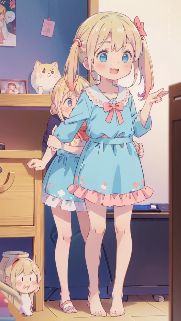 ((masterpiece))((Highest quality))girl、smile、blush、Flat Chest、Are thin、Blonde Hair、blush、Are standing、Whole body image、Eye level to the feet、front、No background、真frontのアングル、Blue clothes、Two-tone red and blue hair、Twin tails、Red Alice outfit