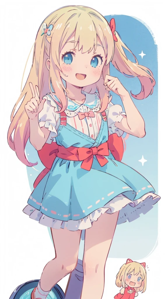 ((masterpiece))((Highest quality))girl、smile、blush、Flat Chest、Are thin、Blonde Hair、blush、Are standing、Whole body image、Eye level to the feet、front、No background、真frontのアングル、Blue clothes、Two-tone red and blue hair、Twin tails、Red Alice outfit