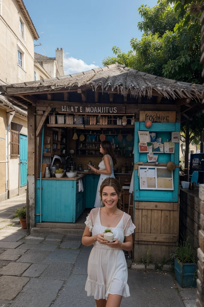 (Meilleure qualité, haute résolution, ultra-détaillé:1.2), HDR, Couleurs vives, belle fille grecque, Fleurs colorées, Gens heureux, vue imprenable, café confortable, repas en plein air, temps ensoleillé, robe élégante, Les cheveux en désordre, expression joyeuse, cheveux longs et flottants, artistes de rue dynamiques, foule animée, musiciens de rue, stands de nourriture alléchants, REPERES historiques, plage de sable fin, mer turquoise, palmiers, cocotiers, hamacs, bateaux de pêche colorés, cabanes en bois, coucher de soleil spectaculaire, rire et rire, moments d'insouciance