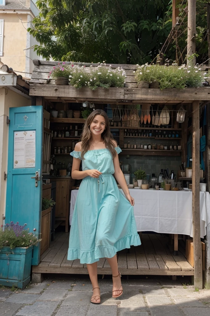 (Meilleure qualité, haute résolution, ultra-détaillé:1.2), HDR, Couleurs vives, belle fille grecque, Fleurs colorées, Gens heureux, vue imprenable, café confortable, repas en plein air, temps ensoleillé, robe élégante, Les cheveux en désordre, expression joyeuse, cheveux longs et flottants, artistes de rue dynamiques, foule animée, musiciens de rue, stands de nourriture alléchants, REPERES historiques, plage de sable fin, mer turquoise, palmiers, cocotiers, hamacs, bateaux de pêche colorés, cabanes en bois, coucher de soleil spectaculaire, rire et rire, moments d'insouciance