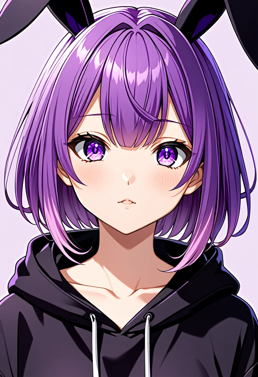 anime girl wearing black hoodie with short purple hair, with big purple bunny ears and purple eyes