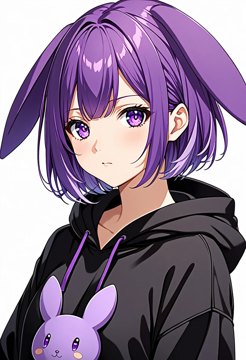 anime girl wearing black hoodie with short purple hair, with big purple bunny ears and purple eyes