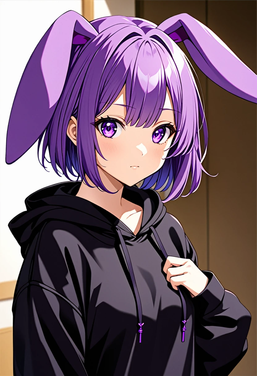 anime girl wearing black hoodie with short purple hair, with big purple bunny ears and purple eyes