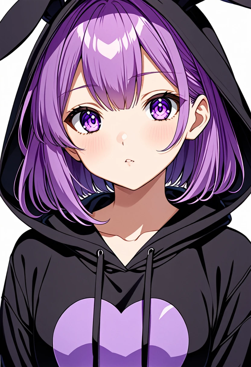 anime girl wearing black hoodie with short purple hair, with big purple bunny ears and purple eyes