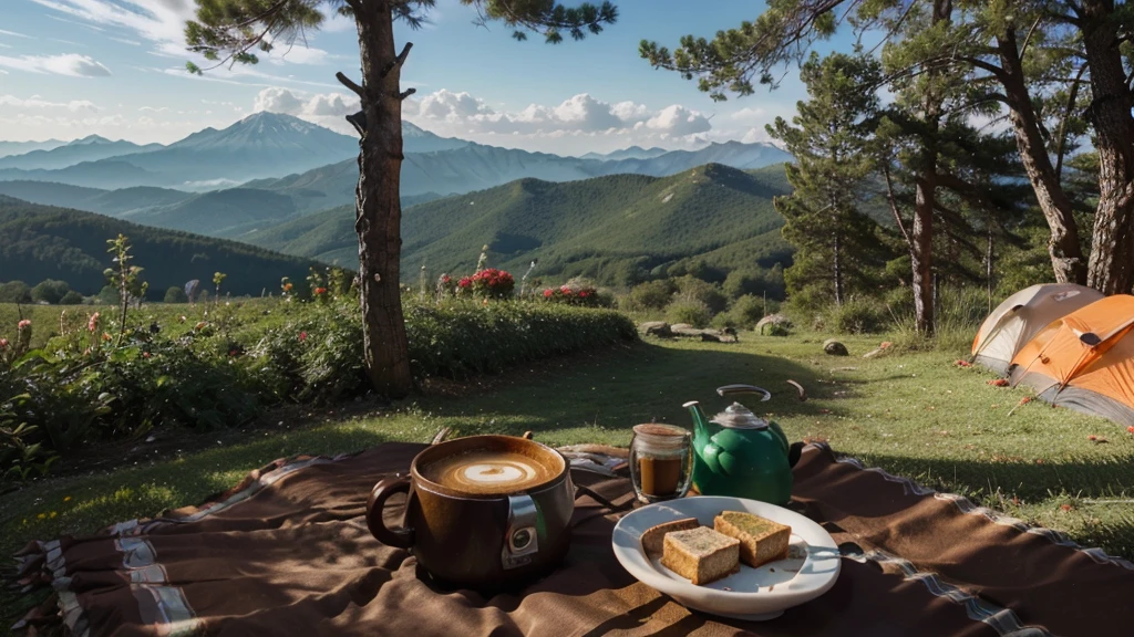 image, hot coffee, fragrant coffee on the mountain top in the morning, beautiful nature, colorful tents, warm atmosphere, green trees.