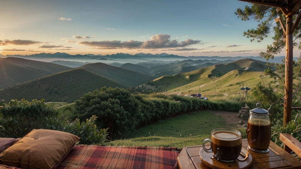 image, hot coffee, fragrant coffee on the mountain top in the morning, beautiful nature, colorful tents, warm atmosphere, green trees.