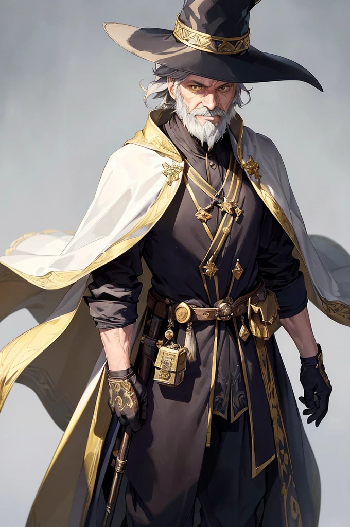 (((masterpiece; best quality: 1.2))), (finely detailed eyes: 1.3), (70 year old man), (solo), (yellow eyes: 1.4), (body; old, fit, masculine: 1.3), (grey hair and beard: 1.3), (beautiful and clear background: 1.2), ((depth of field)), (equipment: wandering mage's robes + elegant + long dark robe + dark pants + pointed hat + gloves + white cape + belt + pouches: 1.3), (anime illustration: 1.2), (background composition; royal garden: 1.1), (extremely fine and beautiful: 1.1), (shot composition; standing + centered on torso + close-up: 1.5), (expression; calm, smile: 1.2)