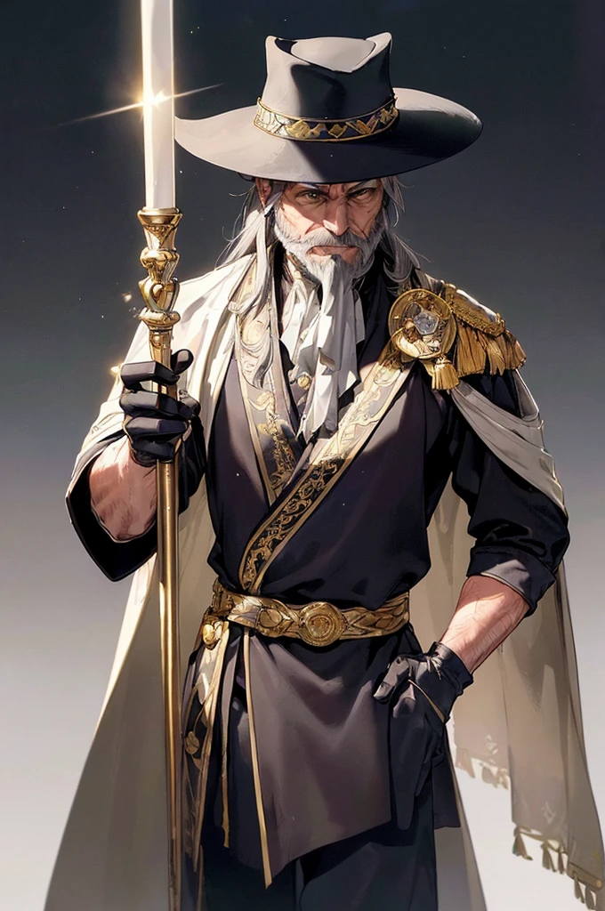(((masterpiece; best quality: 1.2))), (finely detailed eyes: 1.3), (70 year old man), (solo), (yellow eyes: 1.4), (body; old, fit, masculine: 1.3), (grey hair and beard: 1.3), (beautiful and clear background: 1.2), ((depth of field)), (equipment: wandering mage's robes + elegant + long dark robe + dark pants + pointed hat + gloves + white cape + belt + pouches: 1.3), (anime illustration: 1.2), (background composition; royal garden: 1.1), (extremely fine and beautiful: 1.1), (shot composition; standing + centered on torso + close-up: 1.5), (expression; calm, smile: 1.2)