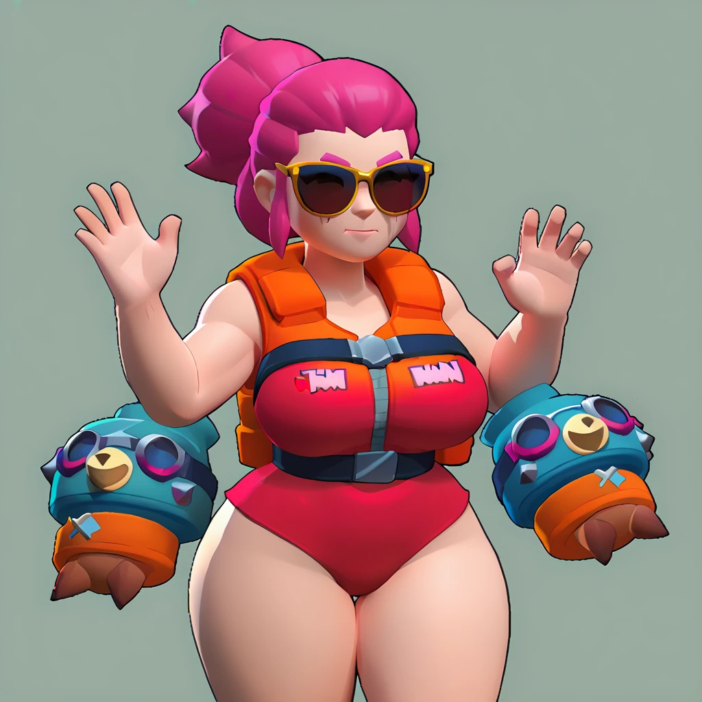 a blue-skinned triceratops, female, triceratops animals, Dwarf, wearing a red swimsuit and sunglasses, with a pink and white life jacket, brawl, brawl stars, pink hair, big breasts, thick thighs, only hands on her breasts