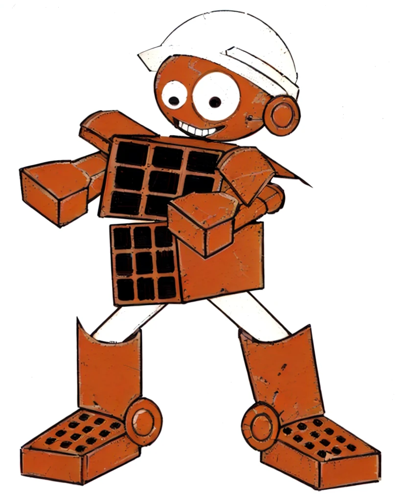 a cartoon character with a brick in his hand, algebra, brown exoskeleton, (((Rusty))), humanoid servant, tintoy characterdesign robot, Pirate Robot, pit droid, Ninja Robots, Danbooru, sage droid, robot, Map Tofu Cartoon, robot made from a cardboard box, portrait of algebra, A robot, Robot feliz