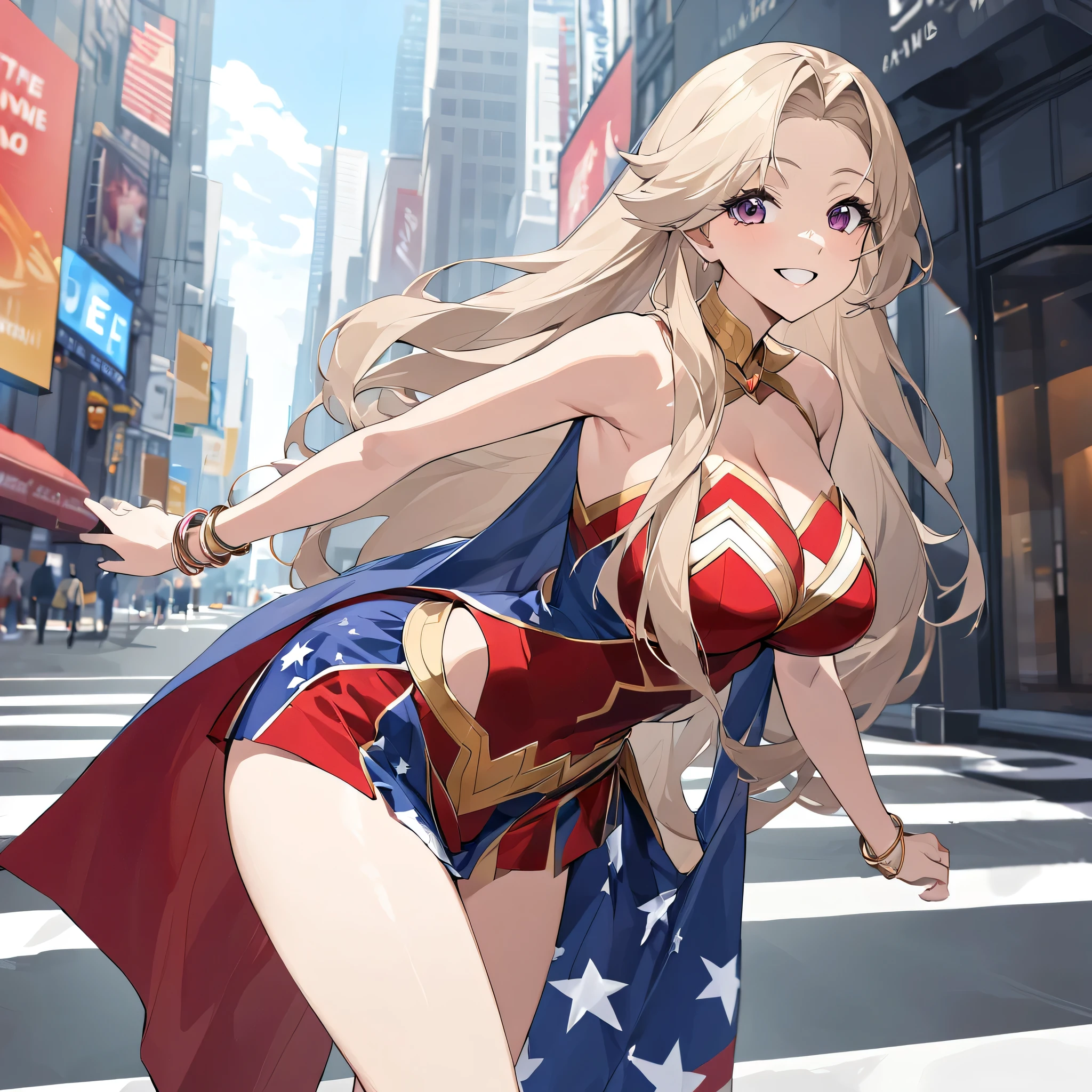 A woman wearing a Wonder Woman uniform from Marvel, uniform with the colors of the United States, beige hair, long hair, burgundy eyes, large breasts, exposed shoulder, gold bracelet, smiling, standing, walking on a concrete sidewalk in New York City, view of the building in the background, daytime location. .(woman alone)