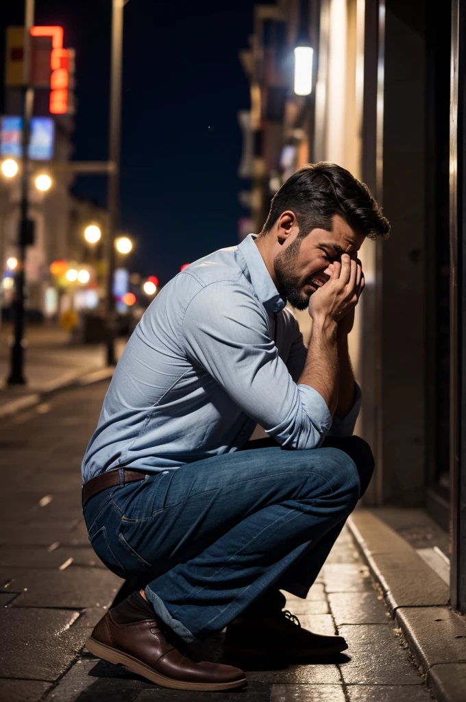 Man crying on the sidewalk at night , With the full moon