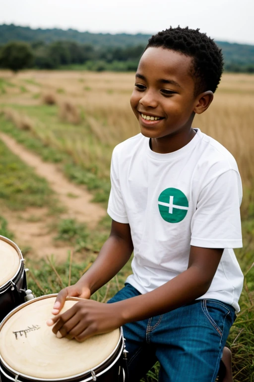 African boy playing drums in the field