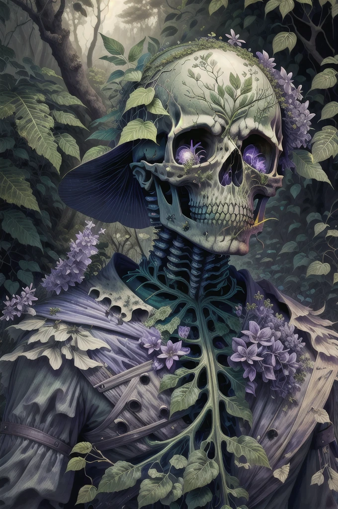 skull, zombie, lilac flowers background, crazy, bokeh, Giorgio de Chirico, coastal broadleaf forest,