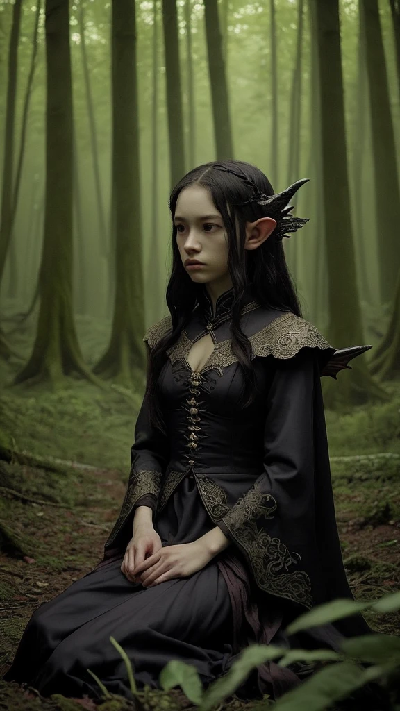 A young elf girl with pointed ears and long, wavy dark hair, wearing an intricate, dark, and magical outfit, sitting in a forest with a small, black dragon in her lap. The scene is mystical and slightly eerie, with the girl and dragon sharing an intense, almost otherworldly connection. The background includes blurred forest elements to enhance the focus on the characters.