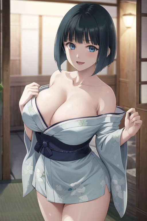 masterpiece, best quality, highres, 1girl, solo, short hair, green hair, bob cut, blue eyes, large breasts, off shoulder, strapless, collarbone, japanese clothes, kimono, night, smile, open mouth, summer festival, standing, NFSW, open kimono, showing breast, exposed breast, nipple, sexy, lewd, erotic